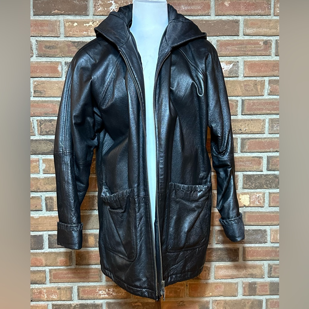 Men’s Jacqueline Ferrar Small Black Leather Hooded Jacket